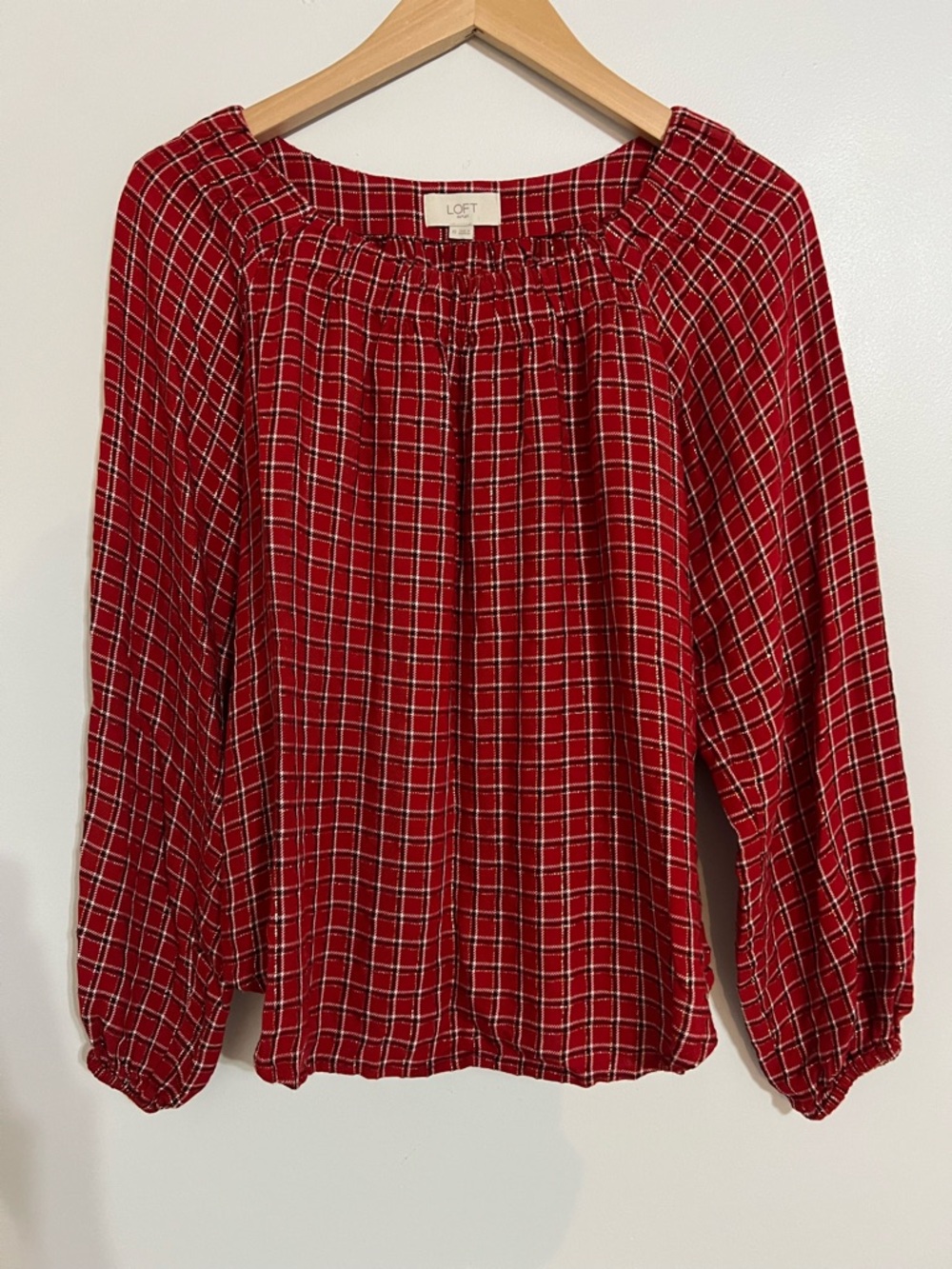 LOFT Red Plaid Peasant Top